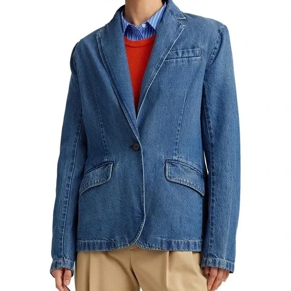 Ralph Lauren Casual Blue Cotton Denim One Button Notch Collar Blazer Jacket - Picture 7 of 16